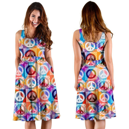 Peace Sign Patchwork Design Print Sleeveless Dress