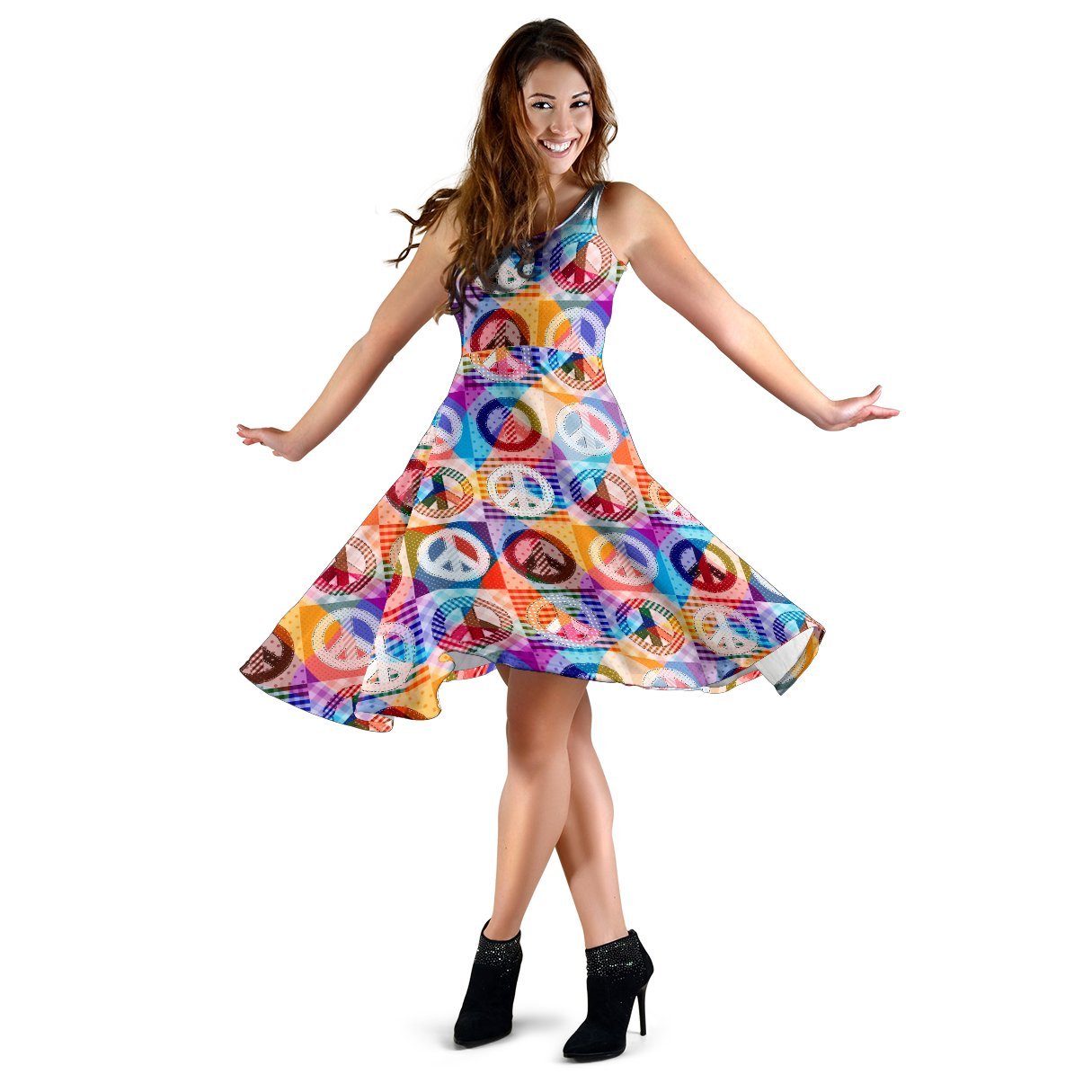Peace Sign Patchwork Design Print Sleeveless Dress