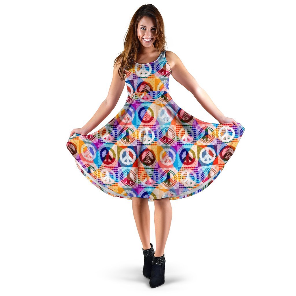 Peace Sign Patchwork Design Print Sleeveless Dress
