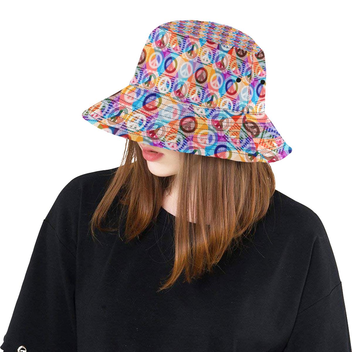Peace Sign Patchwork Design Print Unisex Bucket Hat