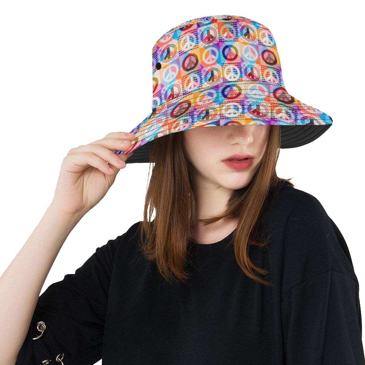 Peace Sign Patchwork Design Print Unisex Bucket Hat