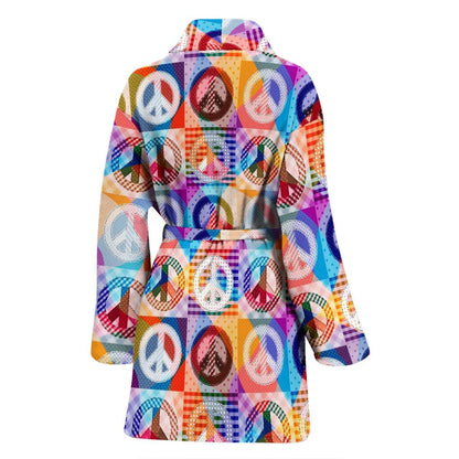 Peace Sign Patchwork Design Print Women Bath Robe-JTAMIGO.COM