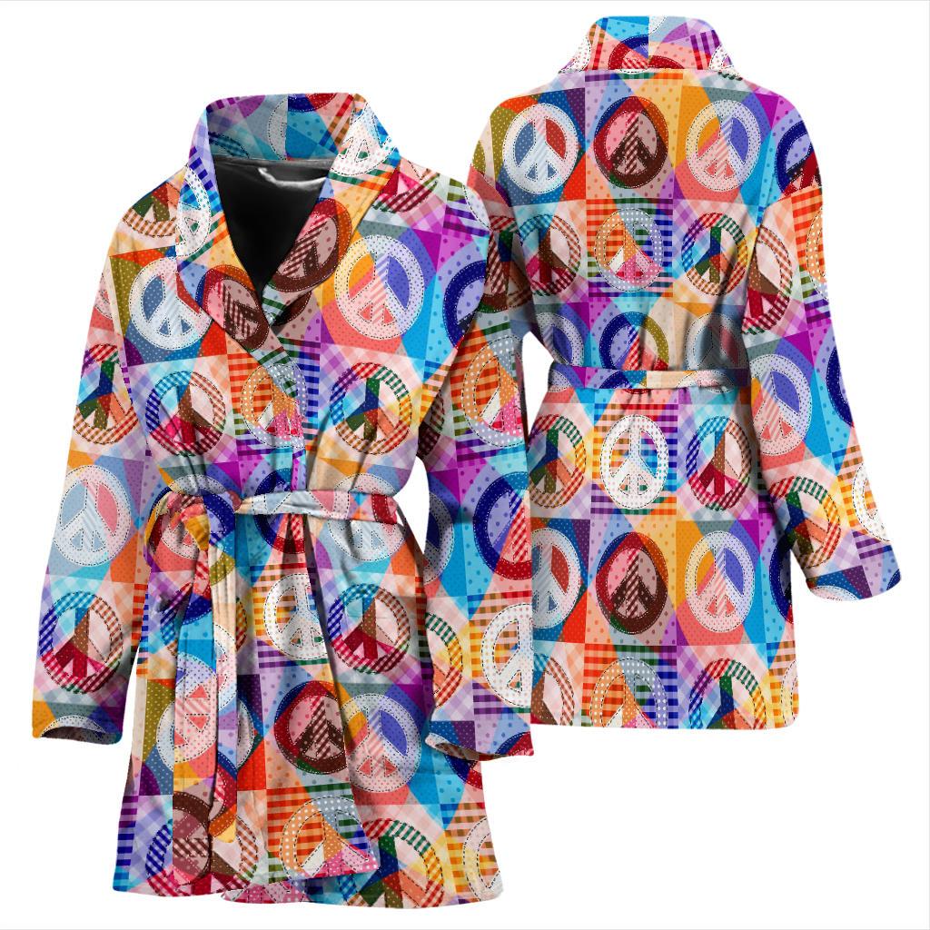 Peace Sign Patchwork Design Print Women Bath Robe-JTAMIGO.COM