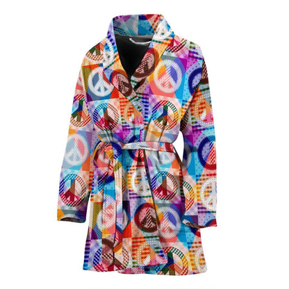 Peace Sign Patchwork Design Print Women Bath Robe-JTAMIGO.COM