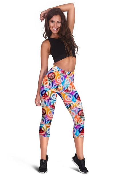Peace Sign Patchwork Design Print Women Capris