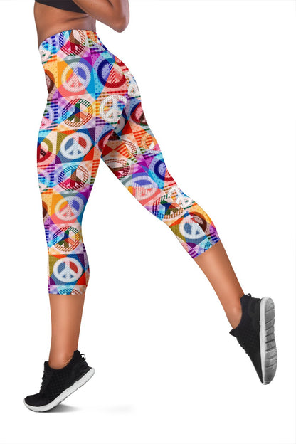 Peace Sign Patchwork Design Print Women Capris