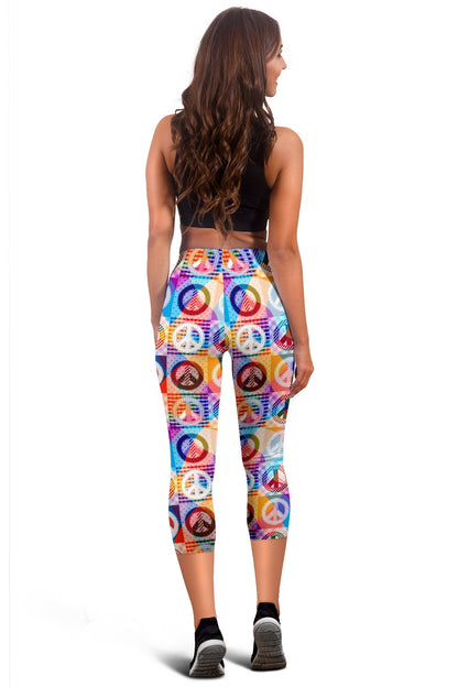 Peace Sign Patchwork Design Print Women Capris