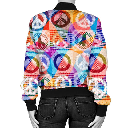 Peace Sign Patchwork Design Print Women Casual Bomber Jacket