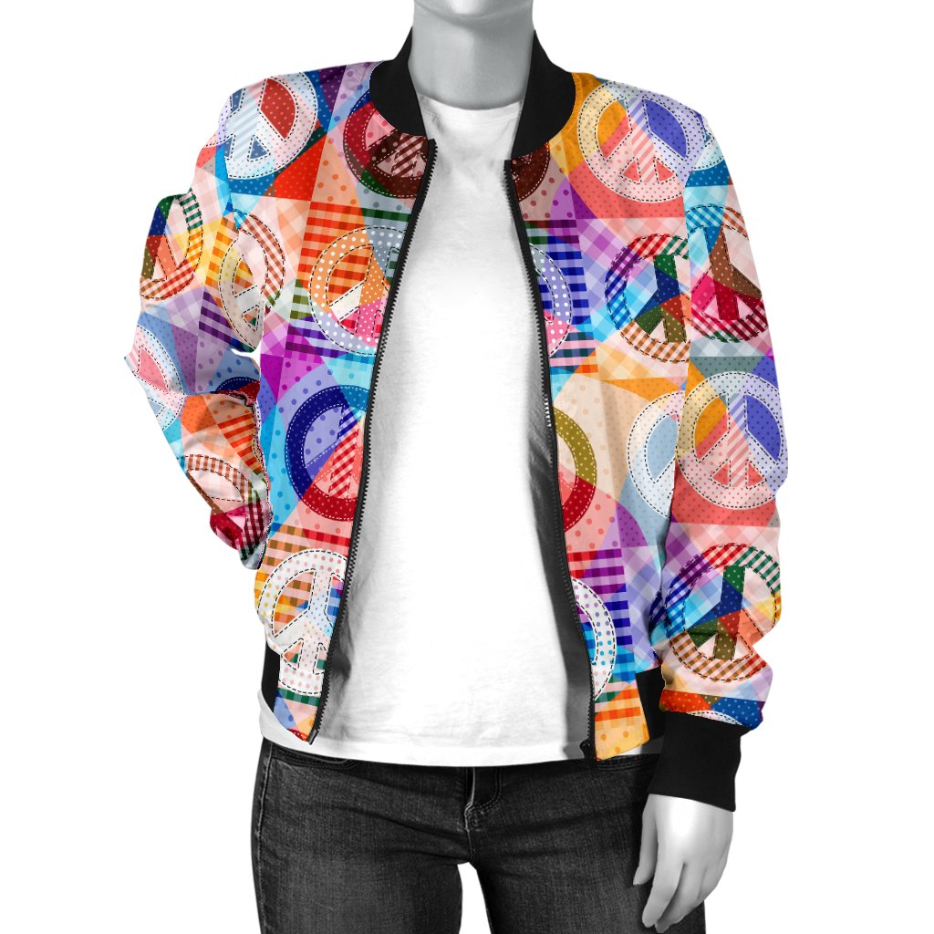 Peace Sign Patchwork Design Print Women Casual Bomber Jacket