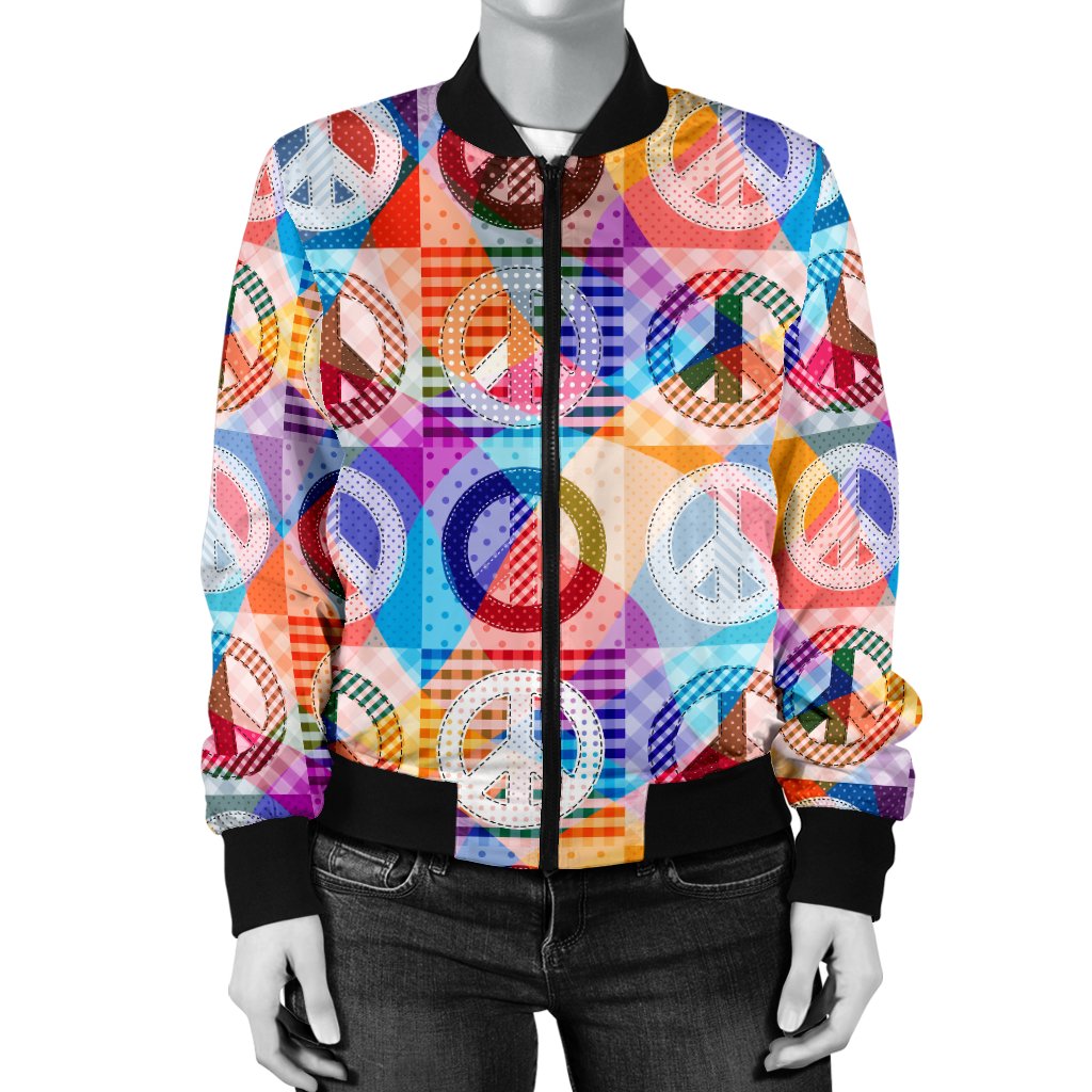 Peace Sign Patchwork Design Print Women Casual Bomber Jacket