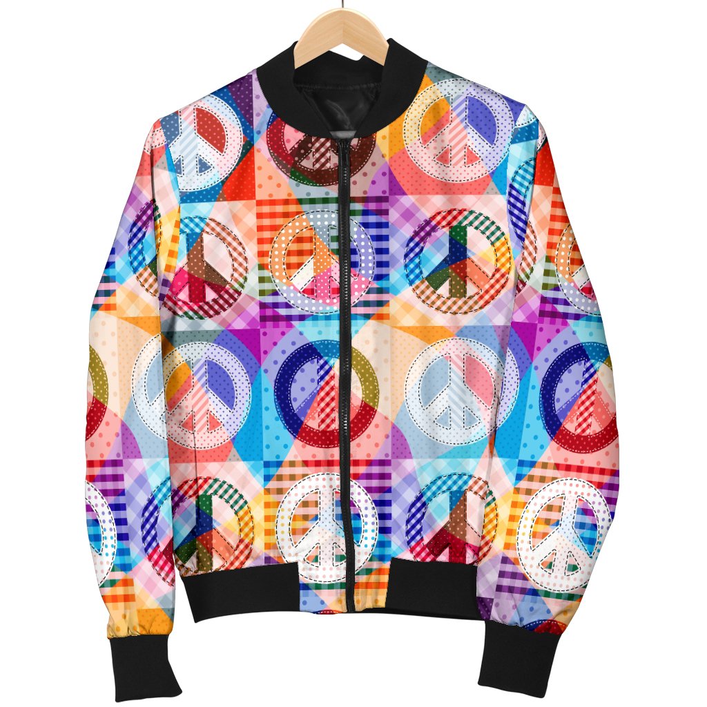 Peace Sign Patchwork Design Print Women Casual Bomber Jacket