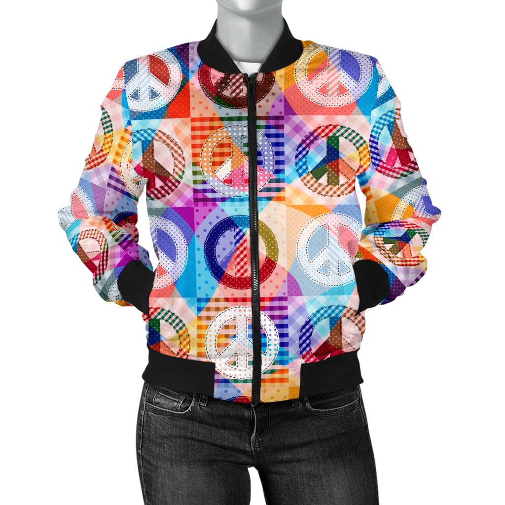 Peace Sign Patchwork Design Print Women Casual Bomber Jacket