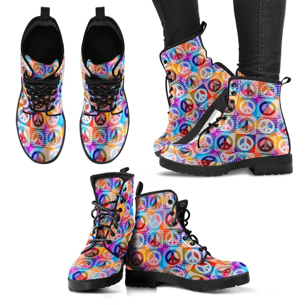 Peace Sign Patchwork Design Print Women Leather Boots-JTAMIGO.COM