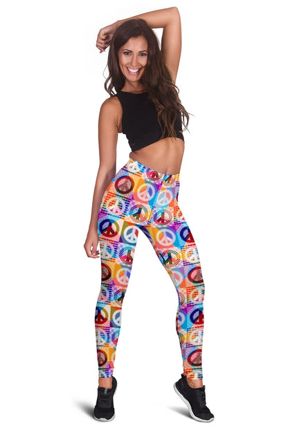 Peace Sign Patchwork Design Print Women Leggings