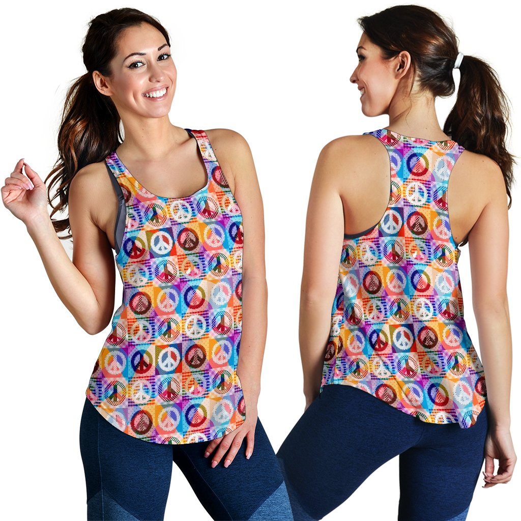Peace Sign Patchwork Design Print Women Racerback Tank Top