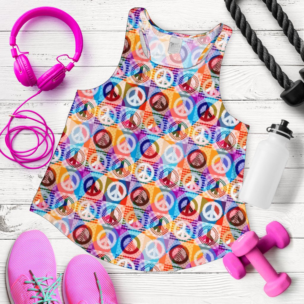 Peace Sign Patchwork Design Print Women Racerback Tank Top