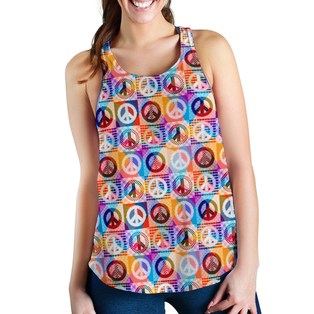 Peace Sign Patchwork Design Print Women Racerback Tank Top