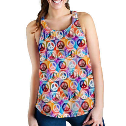 Peace Sign Patchwork Design Print Women Racerback Tank Top