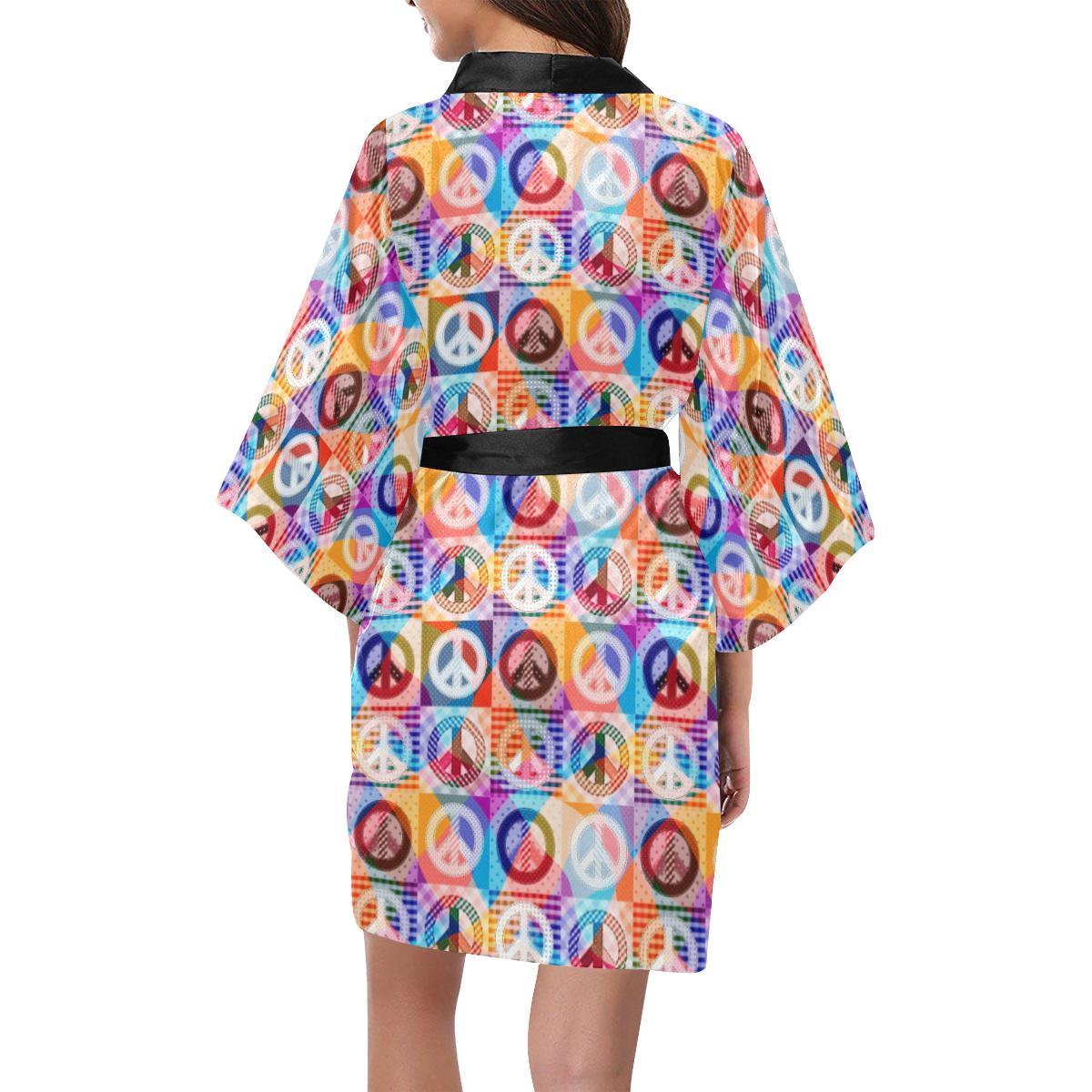 Peace Sign Patchwork Design Print Women Short Kimono Robe