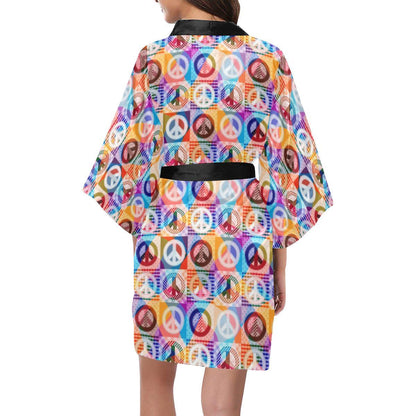 Peace Sign Patchwork Design Print Women Short Kimono Robe