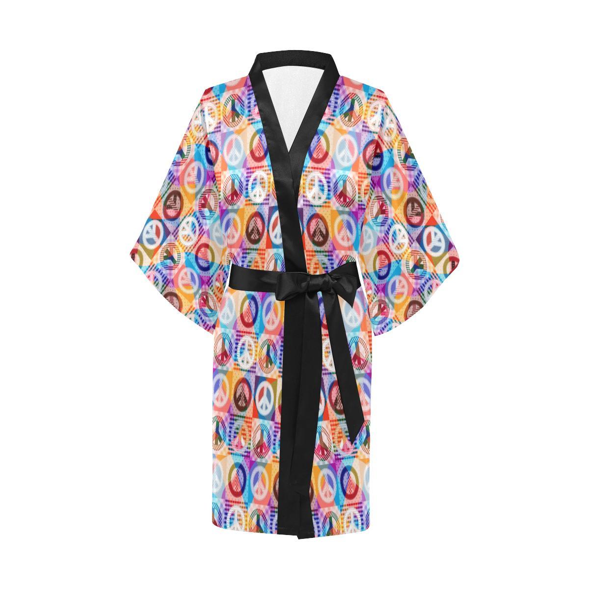Peace Sign Patchwork Design Print Women Short Kimono Robe