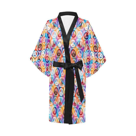 Peace Sign Patchwork Design Print Women Short Kimono Robe
