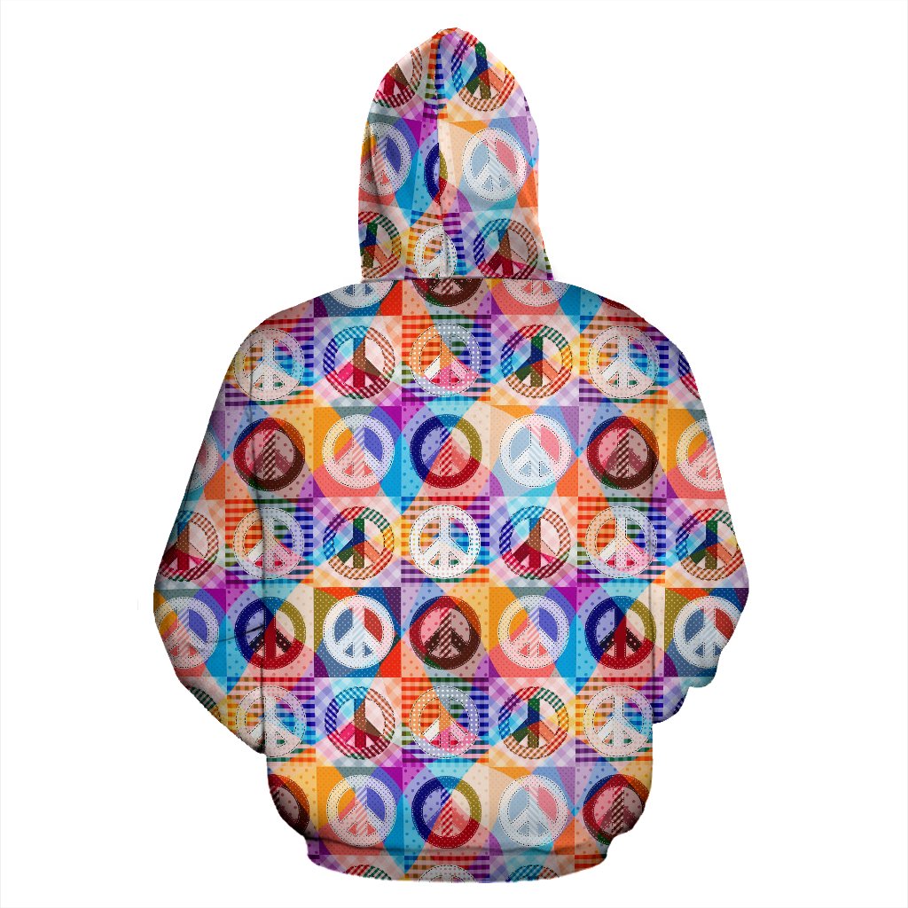 Peace Sign Patchwork Design Print Zip Up Hoodie