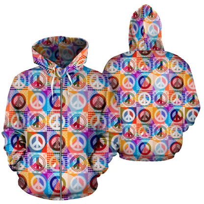 Peace Sign Patchwork Design Print Zip Up Hoodie