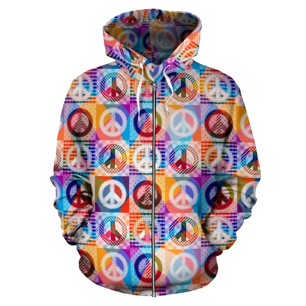 Peace Sign Patchwork Design Print Zip Up Hoodie