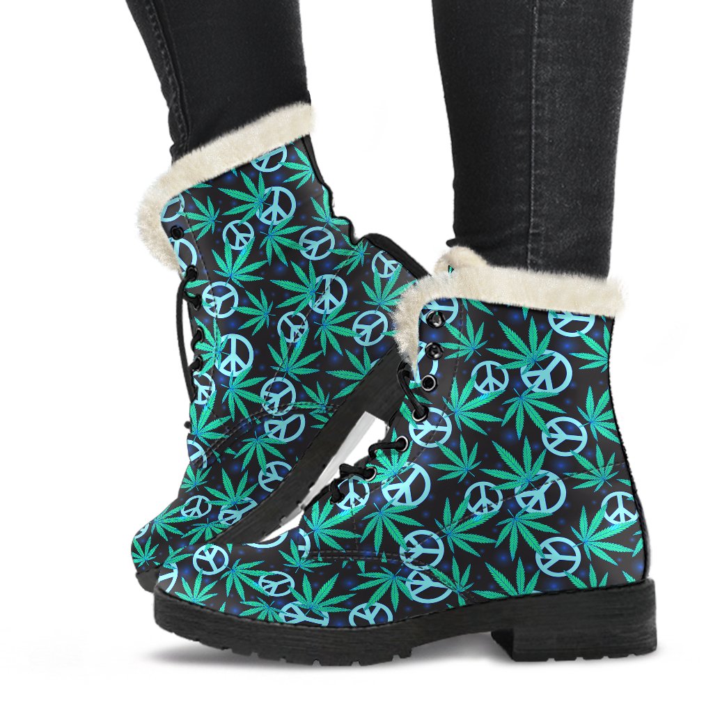 Peace Sign Themed Design Print Faux Fur Leather Boots-JTAMIGO.COM