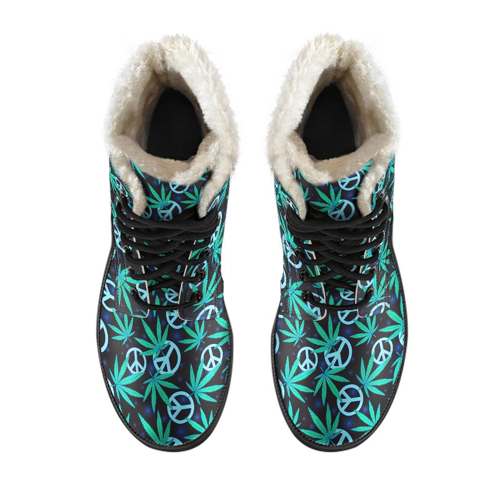 Peace Sign Themed Design Print Faux Fur Leather Boots-JTAMIGO.COM
