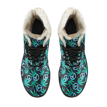 Peace Sign Themed Design Print Faux Fur Leather Boots-JTAMIGO.COM
