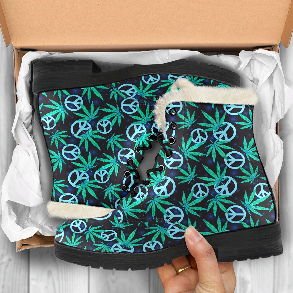 Peace Sign Themed Design Print Faux Fur Leather Boots-JTAMIGO.COM