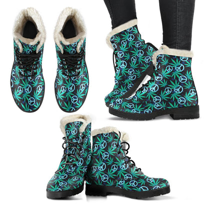 Peace Sign Themed Design Print Faux Fur Leather Boots-JTAMIGO.COM