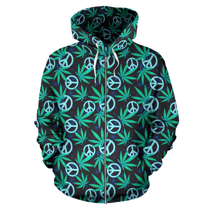 Peace Sign Themed Design Print Zip Up Hoodie