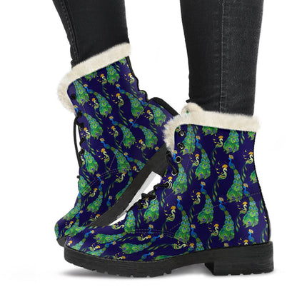 Peacock Art Design Print Faux Fur Leather Boots-JTAMIGO.COM