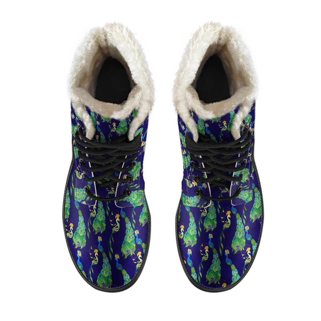 Peacock Art Design Print Faux Fur Leather Boots-JTAMIGO.COM