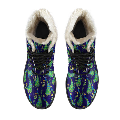 Peacock Art Design Print Faux Fur Leather Boots-JTAMIGO.COM