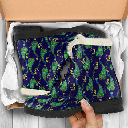 Peacock Art Design Print Faux Fur Leather Boots-JTAMIGO.COM