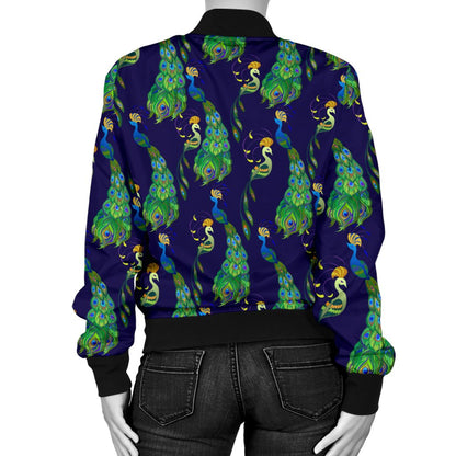 Peacock Art Design Print Women Casual Bomber Jacket
