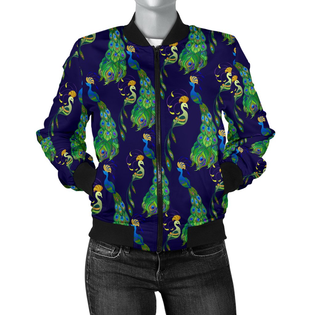 Peacock Art Design Print Women Casual Bomber Jacket