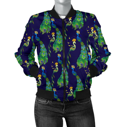 Peacock Art Design Print Women Casual Bomber Jacket