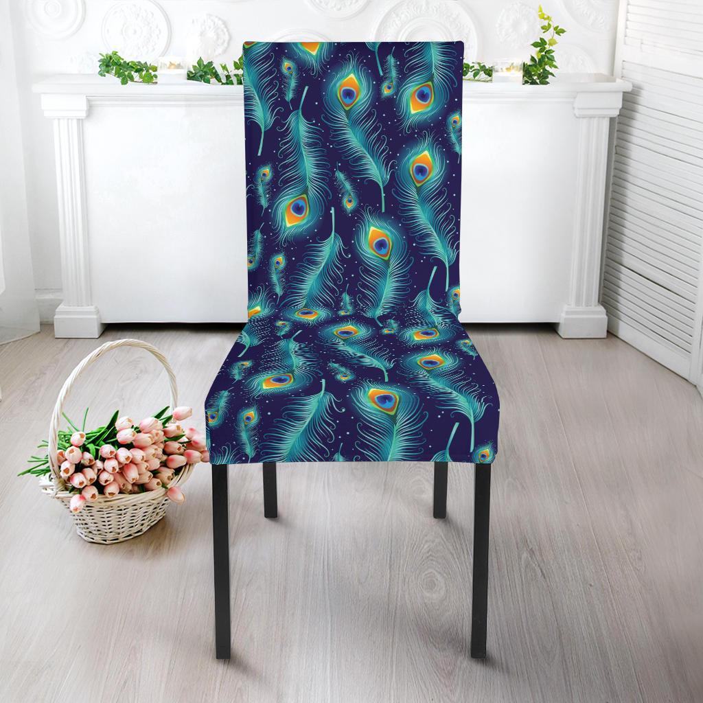 Peacock Feather Blue Design Print Dining Chair Slipcover-JTAMIGO.COM