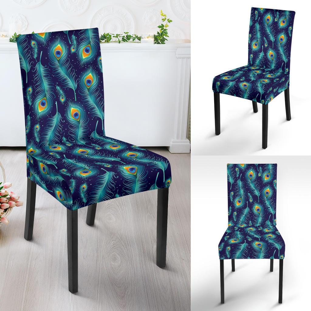 Peacock Feather Blue Design Print Dining Chair Slipcover-JTAMIGO.COM