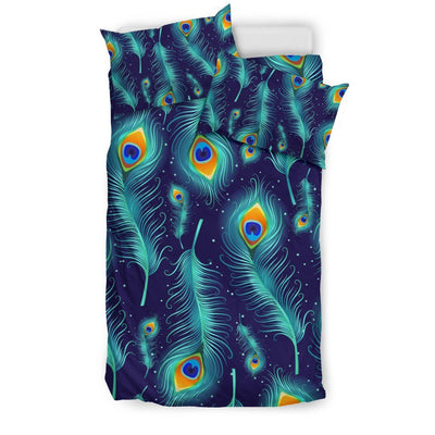 Peacock Feather Blue Design Print Duvet Cover Bedding Set