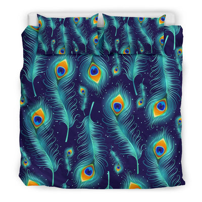 Peacock Feather Blue Design Print Duvet Cover Bedding Set