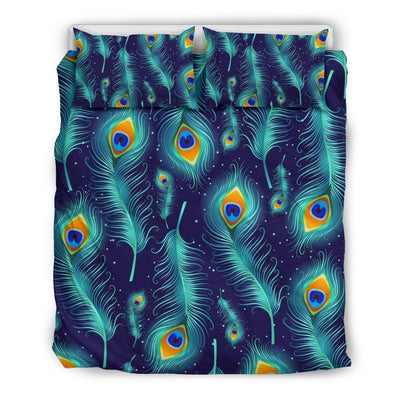 Peacock Feather Blue Design Print Duvet Cover Bedding Set