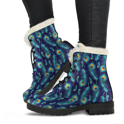 Peacock Feather Blue Design Print Faux Fur Leather Boots-JTAMIGO.COM