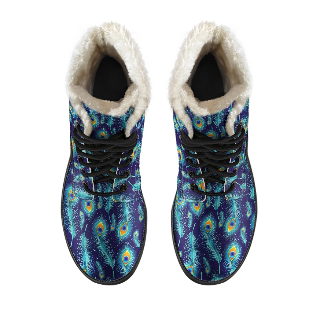 Peacock Feather Blue Design Print Faux Fur Leather Boots-JTAMIGO.COM