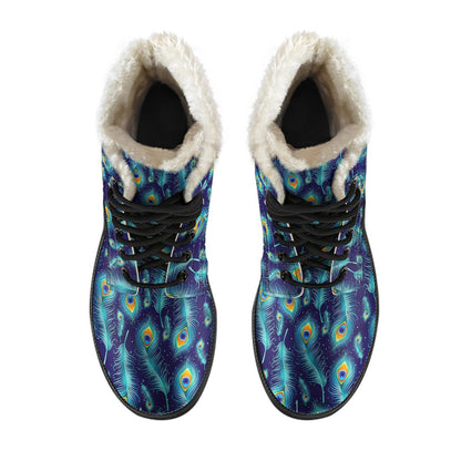 Peacock Feather Blue Design Print Faux Fur Leather Boots-JTAMIGO.COM